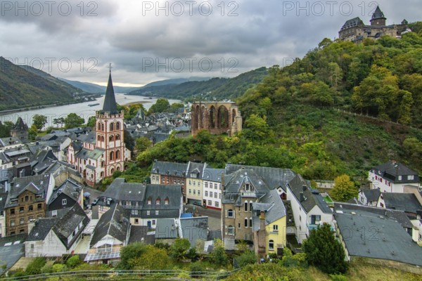 Half-timbered houses in a small village. Morning in the wine-growing region on the Rhine, Bacharach, Hesse, Germany, Europe