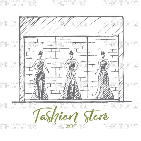 Vector hand drawn Fashion store concept sketch. Stylish female mannequins in gorgeous evening dresses standing at showcase of fashion store. Lettering Fashion store concept