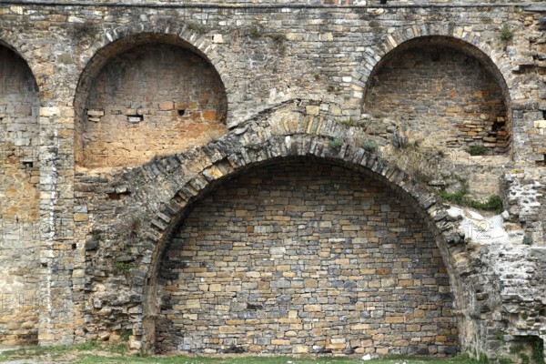 Castle fort wall in Ainsa village Aragon Pyrenees Huesca Spain