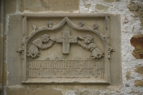 Historical inscription on the exterior façade of St Mary's Church, pilgrimage church, pilgrimage, pilgrimage path, church, pilgrimage, rose garden-Rieden, Rieden, rose garden, Schwäbisch Hall, Hohenlohe, Heilbronn-Franken, Baden-Württemberg, Germany, Europe