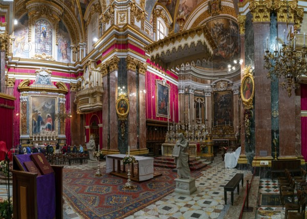 Mdina, Malta, 22 December, 2023: view of the central nave and altar in the Metropolitan Cathedral of St. Paul in Mdina, Europe