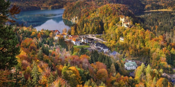 Hohenschwangau Castle View from Neuschwanstein Castle, 19th Century Neo-Romanesque Neo-Gothic Style Palace, Schwangau, Füssen, Ostallgäu, Bavaria, Germany, Europe
