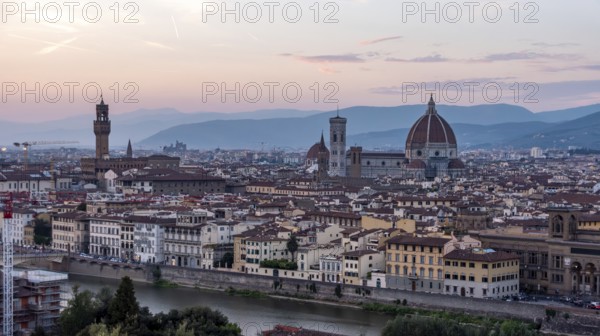 Skyline of downtown Florence during sunset, seen from the famous Piazzale Michelangelo, Italy, Europe