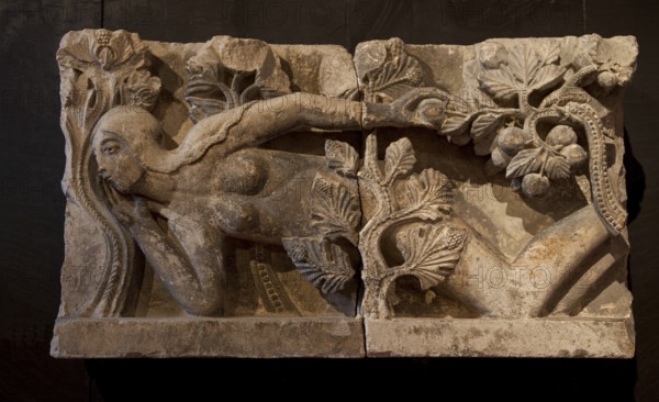 Autun, Musée Rolin, Relief of the Temptation of Eve from the north portal of St-Lazare Cathedral, destroyed in the 18th century. Created around 1130 by Master Gislebertus, St, Saint, Saint