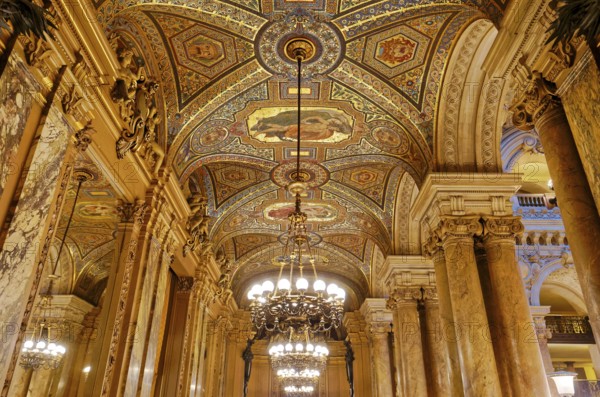 PARIS, FRANCE, MARCH 14, 2017 : interiors, frescoes and architectural details of the palais Garnier, Opera of Paris, march 14, 2017 in Paris, France, Europe