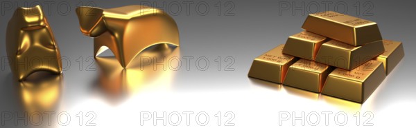 Bear and bull with stacked fine gold bars on a shiny background, 3d rendering, financial concept