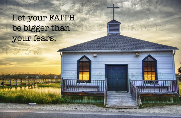 The historic chapel on Pawleys Island at sunset with inspirational faith-based text