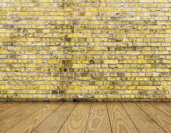 Room interior vintage with yellow brick wall and wood floor background