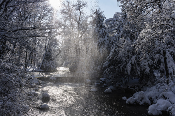 Waterfall at the Eisbach, winter with snow in the southern part of the English Garden, Munich, Bavaria, Germany, Europe