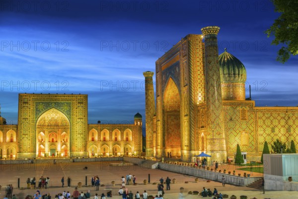 SAMARKAND, UZBEKISTAN - MAY 8, 2019: Registan, an old public square in the heart of the ancient city of Samarkand, Uzbekistan, Asia