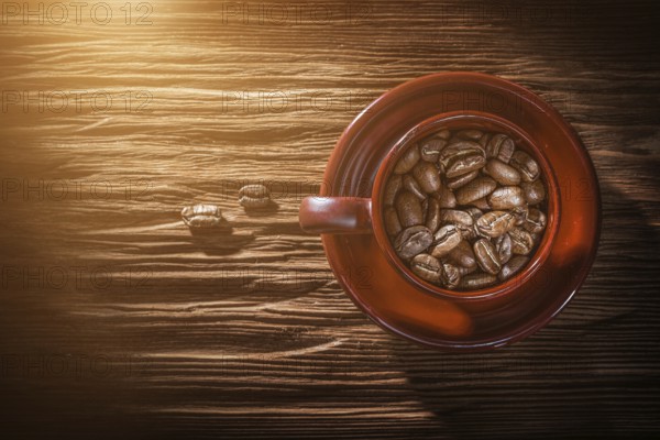 Coffee grain cup saucer on vintage wooden board