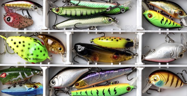 hard silicone lures in a box isolated on white