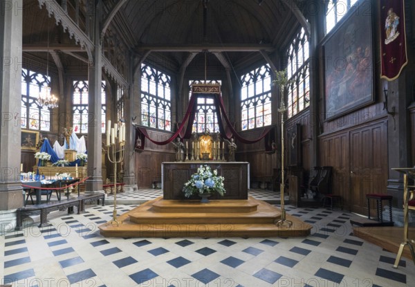 France - 15 August 2019: interior view of the altar in the historic Saint Catherine's Church in Honfleur
