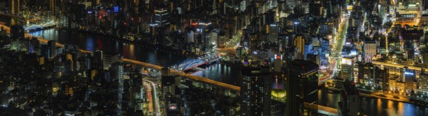 A paorama picture of the Sumida River and nearby cityscape, as seen from above, at night