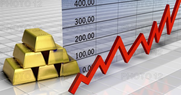 The gold price is rising. Gold bar with diagram and graph