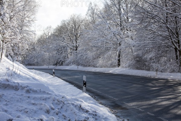 The road L707 in winter, between Reblin and Valbert, Meinerzhagen, Nordhelle, Ebbe Mountain Nature Park, Sauerland, North Rhine-Westphalia, Germany, Europe