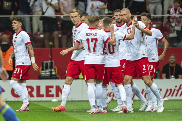 WARSAW, POLAND - JUNE 7, 2024: Friendly soccer match Poland - Ukraine 3:1. Joy team of Poland after scoring goal.