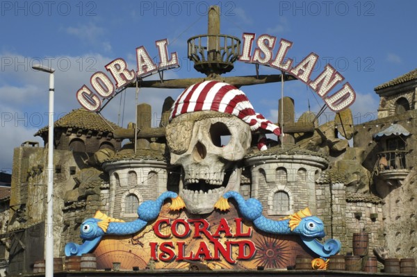Blackpool, Lancashire, United Kingdom, 5 March 2022: pirate themed sign above the coral island fun park and casino in blackpool, Europe