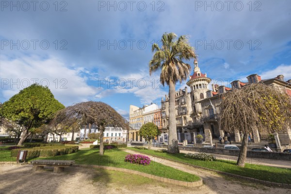 Ribadeo, Spain, November 21, 2018: Ribadeo main square and Torre dos moreno, Ribadeo, Galicia, Spain, Europe