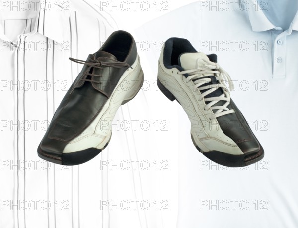 Sports and dress shoes. A combination of sports and formal style. Official shirt and sport shirt