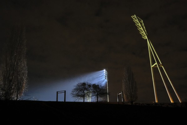 Germany, Berlin, 13.02.2024, Mauerpark, Cantianstadion in floodlight, floodlight masts, stadium, Europe