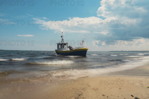 Fishing boat on the beach in Sopot, Poland. Magnificent long exposure calm Baltic Sea. Wallpaper defocused waves. Fishermans sea bay Vacation and holidays. travel attraction tourist destination