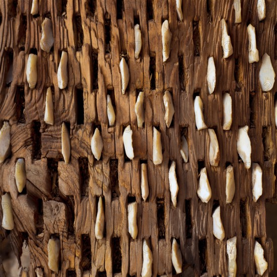 Threshing board for wheat of aged wood and stones texture vintage pattern