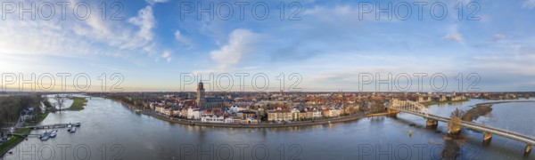 Aerial panoramic shot of the Dutch city of Deventer, along the IJssel river