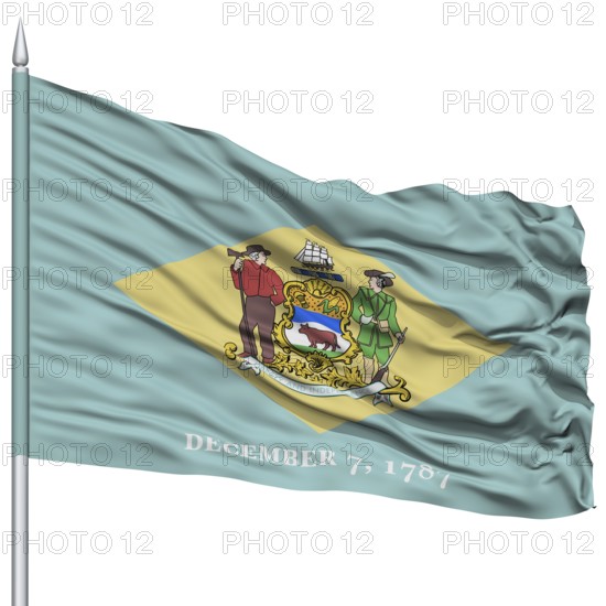 Isolated Delaware Flag on Flagpole, USA state, Flying in the Wind, Isolated on White Background
