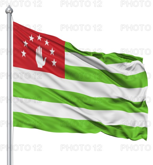 Flag of Abkhazia with flagpole waving in the wind against white background