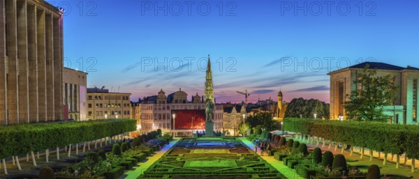 Brussels Belgium, night panorama city skyline at Mont des Arts Garden