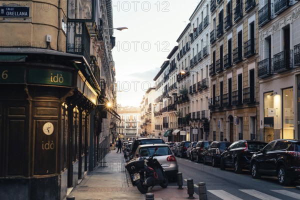 Madrid, Spain, 26 September 2020: Argensola street at sunset. Street scene in central Madrid, Europe