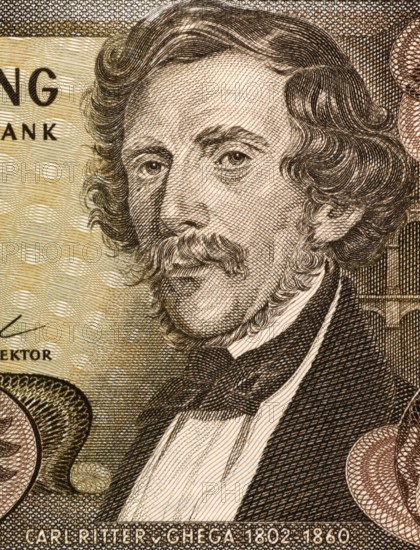 Carl Ritter von Ghega (1802-1860) on 20 schilling 1967 banknote from Austria. Designer of the Semmering Railway from Gloggnitz to Murzzuschlag