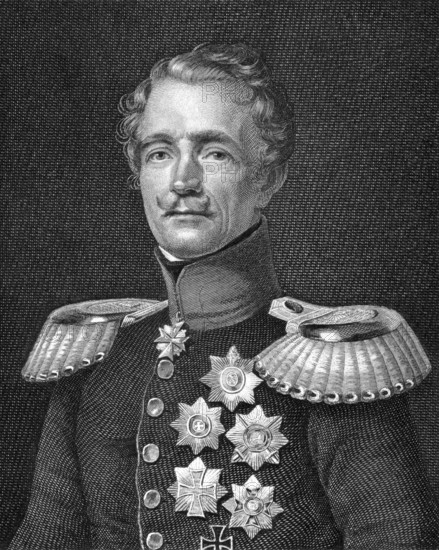 Friedrich Graf von Wrangel (1784-1877) on engraving from 1859. General feld marschall of the Prussian Army. Engraved by A.Weger and published in Meyers Konversations-Lexikon, Germany, 1859, Europe