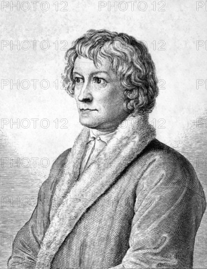 Bertel Thorvaldsen (1770-1844) on engraving from 1859. Danish-Icelandic sculptor. Engraved by unknown artist and published in Meyers Konversations-Lexikon, Germany, 1859, Europe