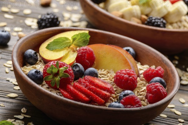 Fruit healthy muesli with peaches strawberry almonds and blackberry in clay dish on wooden kitchen table