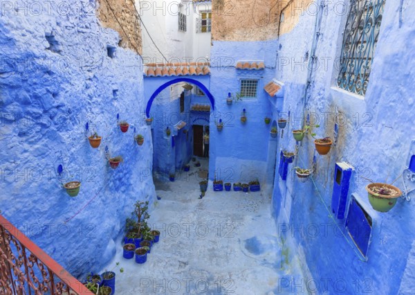 Traditional old blue street with color pots inside Medina of Chefchaouen, Morocco, Africa