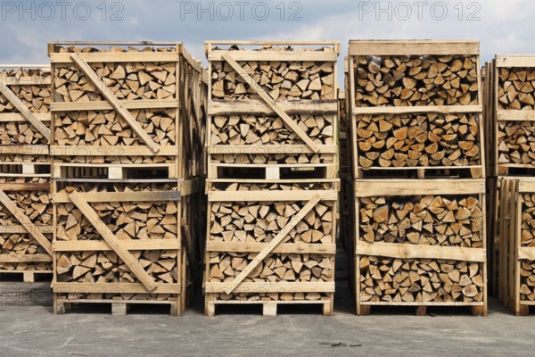 A large stack of firewood. Packed on pallets Austria