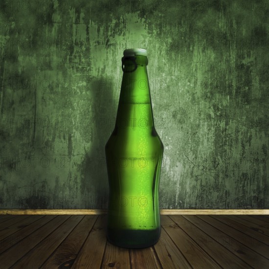 Cool beer bottle at wooden floor over grunge wall