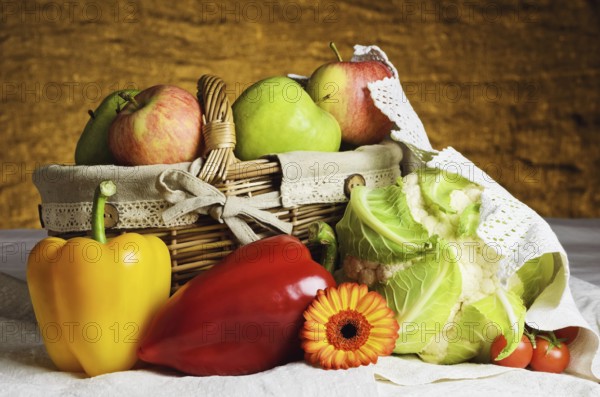 Still life of vegetables and fruit with basket. Daugavpils, Latvia, Europe