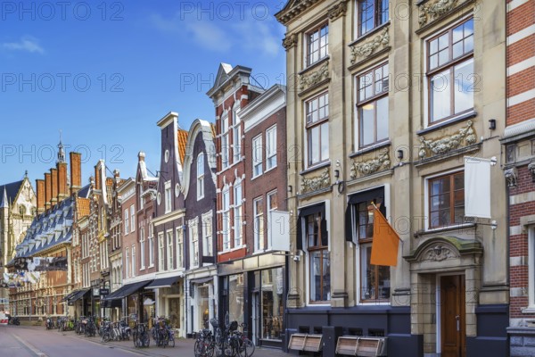 Street with historical houses in Haarlem city center, Netherlands