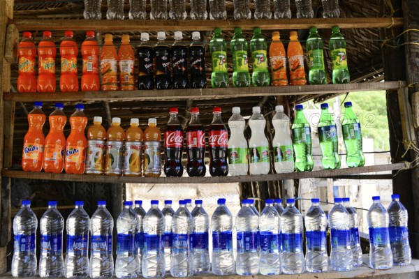 Kovalam, Malabar Coast, Malabar, Kerala, South India, Various beverage bottles neatly arranged on a shop shelf, Impressions from South India, Thanjavur, Madurai, Kovalam, Malabar Coast, Malabar, Kerala, South India, India, Asia