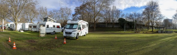 Panoramic photo with motorhome and caravan at the Cannstatter Wasen campsite, Stuttgart, Baden-Württemberg, Germany, Europe