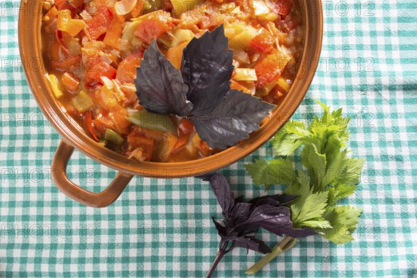 Closeup of delicious stew with mixed vegetables, arranged with green and purple leaves
