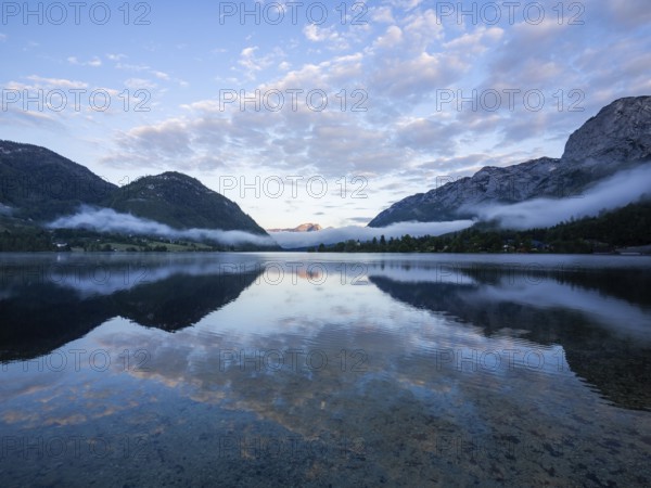 Morning fog over the lake, reflection, Grundlsee, Salzkammergut, Styria, Austria, Europe