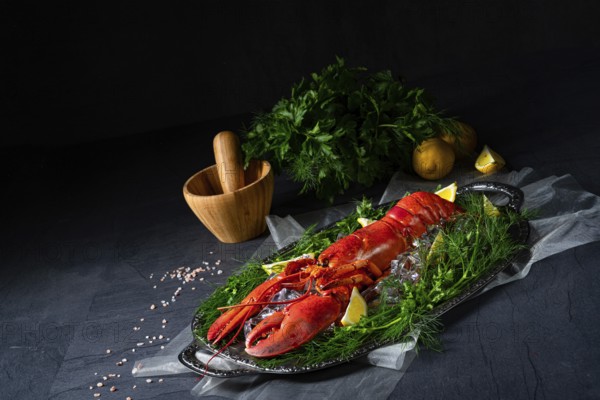 The cooked lobster on ice