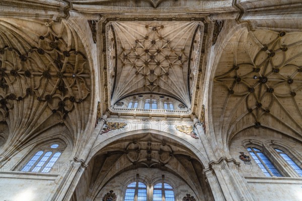 Salamanca, Spain, January 15, 2022: Interior view of the church of the Monastery of San Esteban. Ribbed vaults, Europe