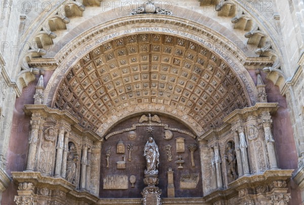 Palma de Mallorca, Mallorca, Spain, 12 25 2017: Frontal facade of the catholic cathedral, Europe