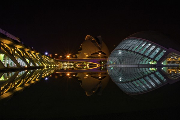 City of Arts and Sciences or Ciudad de las Artes y las Ciencias in Valencia at night
