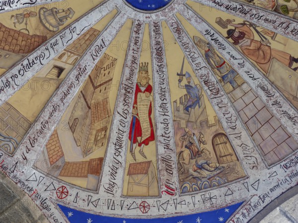 Mural painting representing life in the medieval town, 20th century, Parish Church of Our Lady of the Assumption, Artziniega, Alava, Basque Country, Spain, Europe